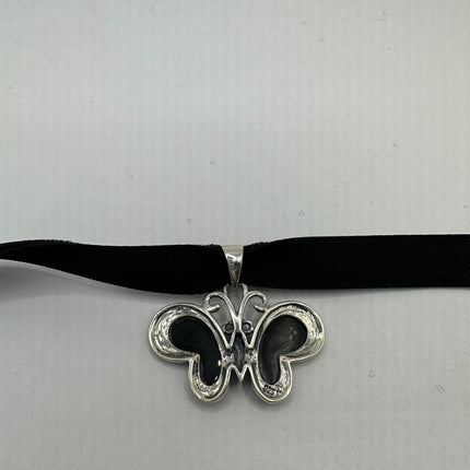 Vintage Silver Pendant Necklace | Black Onyx Gemstone Marcasite Crystal Butterfly | 925 Sterling Silver Pendant Ribbon Choker Necklace