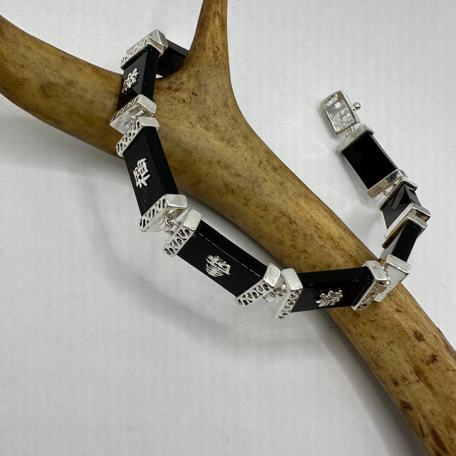 Vintage Silver Bracelet | Black Onyx Gemstone Lucky Calligraphy Link Bracelet | 925 Sterling Silver