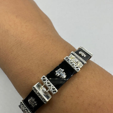 Vintage Silver Bracelet | Black Onyx Gemstone Lucky Calligraphy Link Bracelet | 925 Sterling Silver