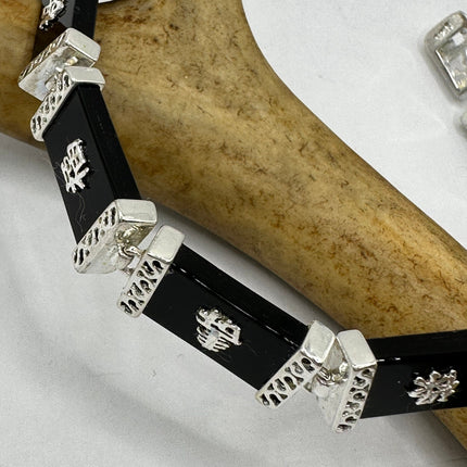 Vintage Silver Bracelet | Black Onyx Gemstone Lucky Calligraphy Link Bracelet | 925 Sterling Silver