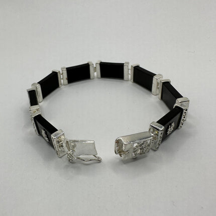 Vintage Silver Bracelet | Black Onyx Gemstone Lucky Calligraphy Link Bracelet | 925 Sterling Silver