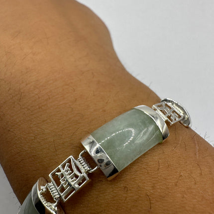 Vintage Silver Bracelet | Green Aventurine Fun Lucky Jade | 925 Sterling Silver Link Bracelet | Everyday Jewelry Gift for Anyone