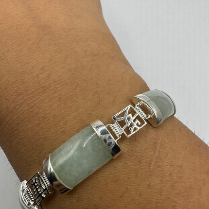 Vintage Silver Bracelet | Green Aventurine Fun Lucky Jade | 925 Sterling Silver Link Bracelet | Everyday Jewelry Gift for Anyone
