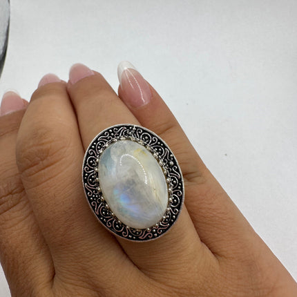 Vintage Rainbow Moonstone Ring Band - Antique Style Design