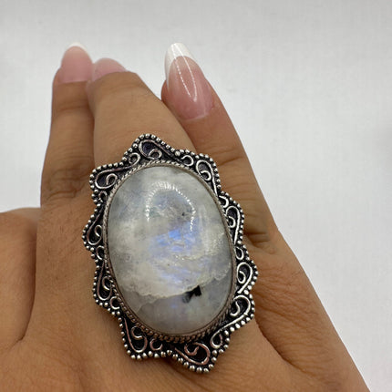 Vintage Rainbow Moonstone Ring Band - Antique Style Design