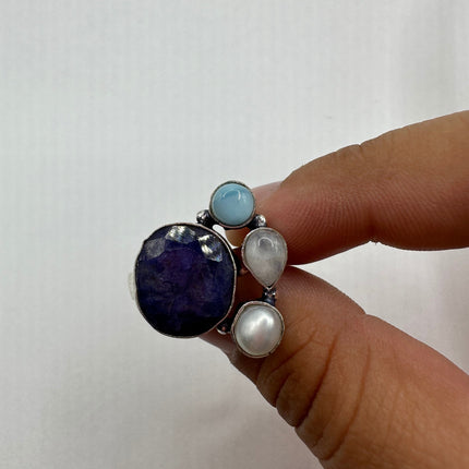 Vintage Raw Blue Sapphire Rainbow Moonstone Ring Band