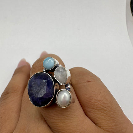 Vintage Raw Blue Sapphire Rainbow Moonstone Ring Band
