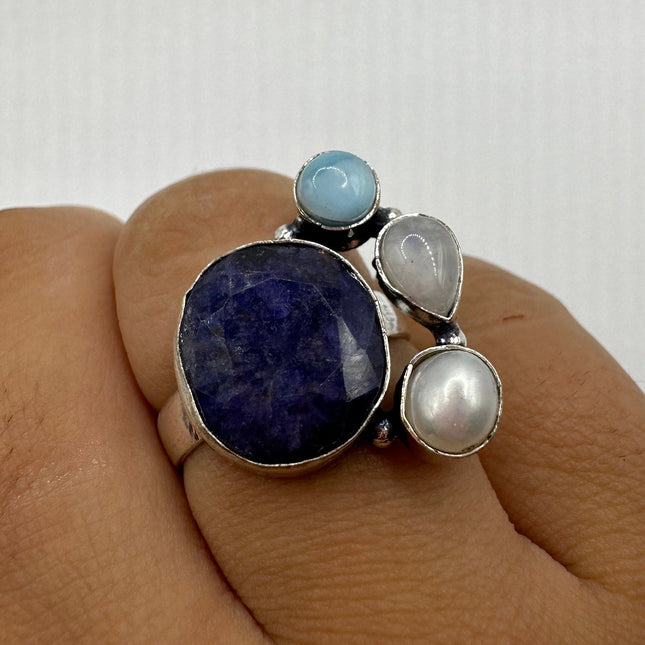 Vintage Raw Blue Sapphire Rainbow Moonstone Ring Band