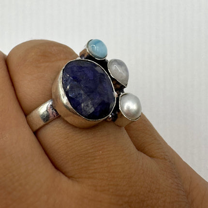 Vintage Raw Blue Sapphire Rainbow Moonstone Ring Band