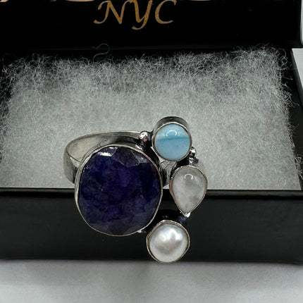 Vintage Raw Blue Sapphire Rainbow Moonstone Ring Band