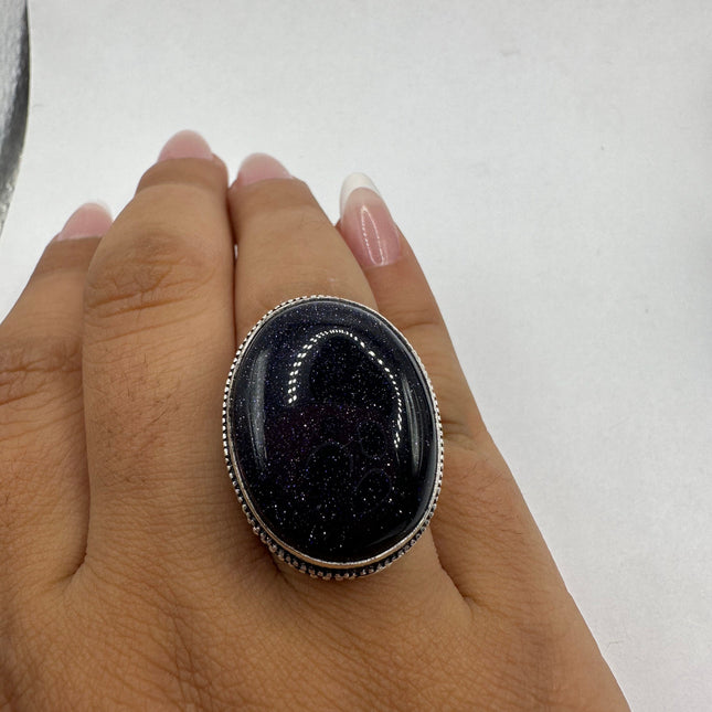 Vintage Black Onyx Ring Band - Detailed Silver Finished Bronze - Size 9.25