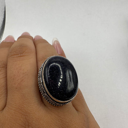 Vintage Black Onyx Ring Band - Detailed Silver Finished Bronze - Size 9.25
