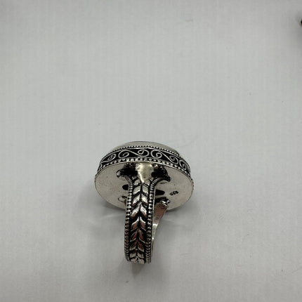 Vintage Black Onyx Ring Band - Detailed Silver Finished Bronze - Size 9.25