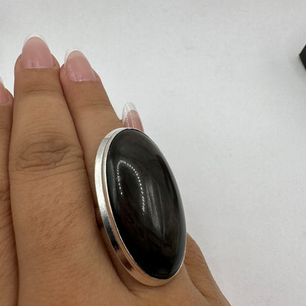 Vintage Black Onyx Ring Band - Detailed Silver Finished Bronze - Size 7.5 - Free US Shipping