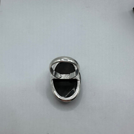 Vintage Black Onyx Ring Band - Detailed Silver Finished Bronze - Size 7.5 - Free US Shipping