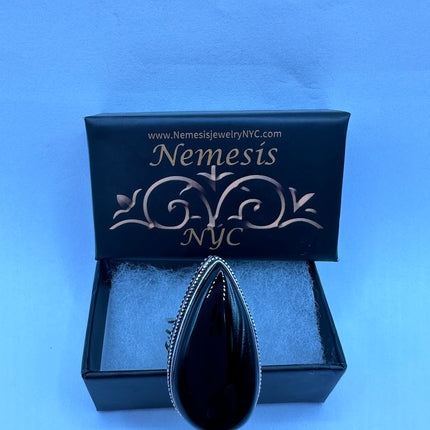 Vintage Black Onyx Ring Band - Detailed Silver Finished Bronze - Size 9.25 - Free US Shipping