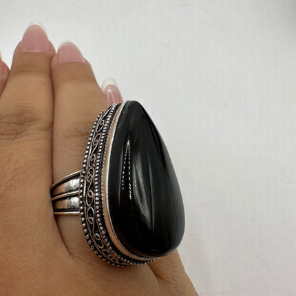 Vintage Black Onyx Ring Band - Detailed Silver Finished Bronze - Size 9.25 - Free US Shipping