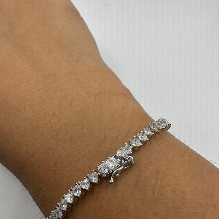 Vintage Silver Tennis Bracelet | Cubic Zirconia Crystal Diamond Gemstone Hearts | 925 Sterling Silver Dainty Stackable Tennis Bracelet
