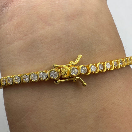 Vintage Gold Tennis Bracelet | CZ Crystal Diamond Gemstone Golden 925 Sterling Silver Bracelet | Elegant Everyday Wedding or Prom