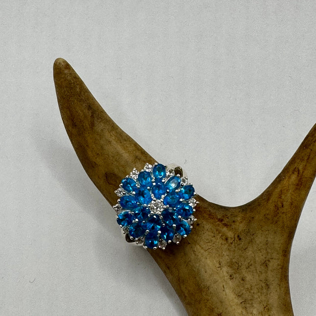 Vintage Gemstone Ring | Blue Fluorite Crystal Birthstone Statement Ring | 925 Sterling Silver Band - Size 7 Deco Flower Statement Ring