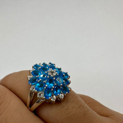 Vintage Gemstone Ring | Blue Fluorite Crystal Birthstone Statement Ring | 925 Sterling Silver Band - Size 7 Deco Flower Statement Ring