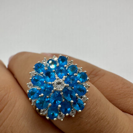 Vintage Gemstone Ring | Blue Fluorite Crystal Birthstone Statement Ring | 925 Sterling Silver Band - Size 7 Deco Flower Statement Ring