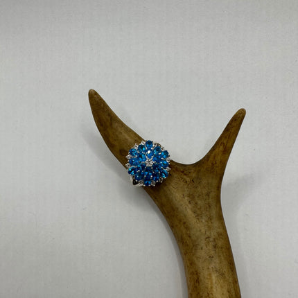 Vintage Gemstone Ring | Blue Fluorite Crystal Birthstone Statement Ring | 925 Sterling Silver Band - Size 7 Deco Flower Statement Ring
