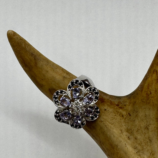 Vintage Silver Ring | Blue Tanzanite White Sapphire Gemstone Floral Cocktail Engagement Statement Wedding Ring | 925 Sterling Silver Band