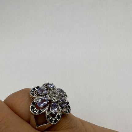 Vintage Silver Ring | Blue Tanzanite White Sapphire Gemstone Floral Cocktail Engagement Statement Wedding Ring | 925 Sterling Silver Band
