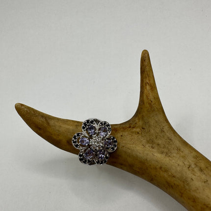 Vintage Silver Ring | Blue Tanzanite White Sapphire Gemstone Floral Cocktail Engagement Statement Wedding Ring | 925 Sterling Silver Band