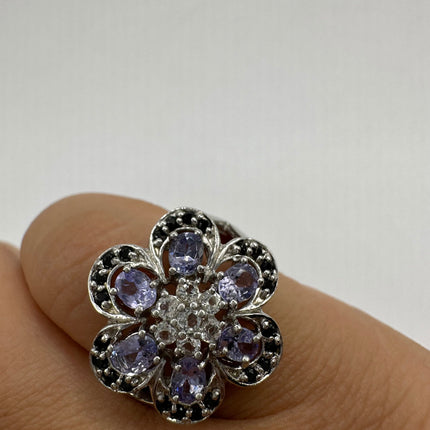 Vintage Silver Ring | Blue Tanzanite White Sapphire Gemstone Floral Cocktail Engagement Statement Wedding Ring | 925 Sterling Silver Band