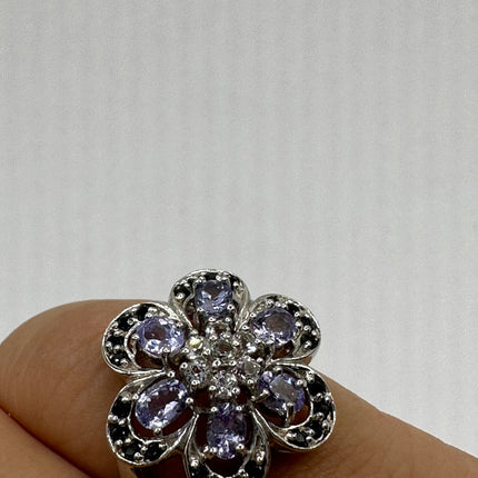 Vintage Silver Ring | Blue Tanzanite White Sapphire Gemstone Floral Cocktail Engagement Statement Wedding Ring | 925 Sterling Silver Band