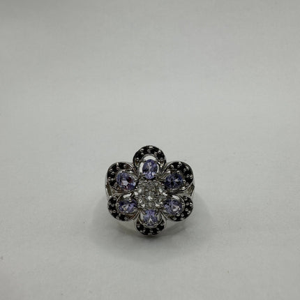 Vintage Silver Ring | Blue Tanzanite White Sapphire Gemstone Floral Cocktail Engagement Statement Wedding Ring | 925 Sterling Silver Band