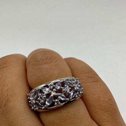 Vintage Silver Ring | Blue Tanzanite Gemstone | 925 Sterling Silver Band Stackable Unique Wedding Statement Ring | Something Blue