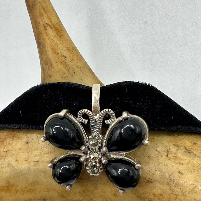 Vintage Black Onyx Marcasite Butterfly Pendant Ribbon Choker Necklace | 925 Sterling Silver Necklace