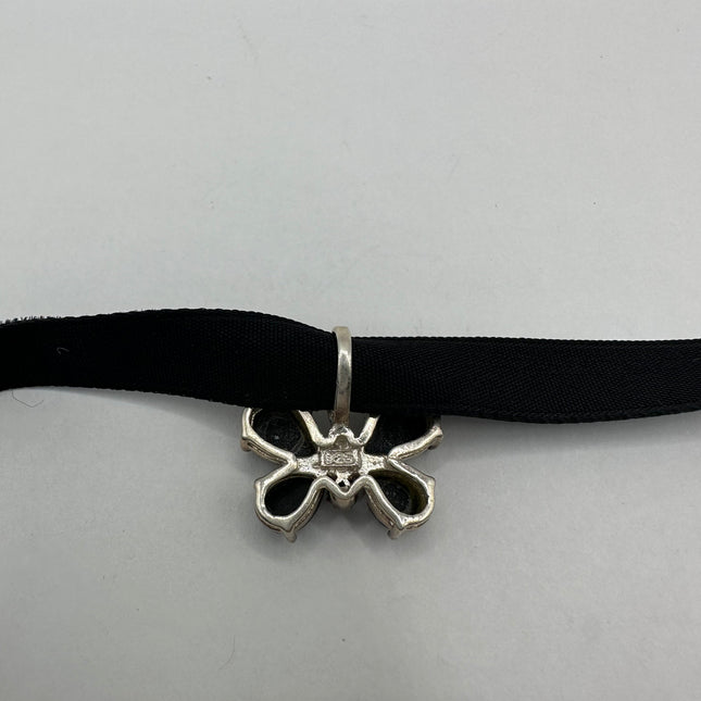 Vintage Black Onyx Marcasite Butterfly Pendant Ribbon Choker Necklace | 925 Sterling Silver Necklace