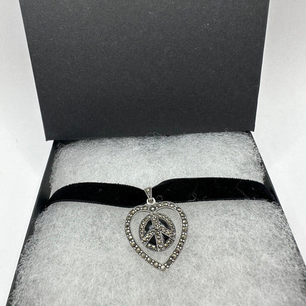 Vintage Black Onyx Marcasite Heart/Peace Sign Choker - 925 Sterling Silver