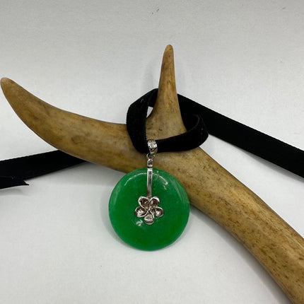 Vintage Green Jade Velvet Ribbon Choker 925 Sterling Silver Necklace
