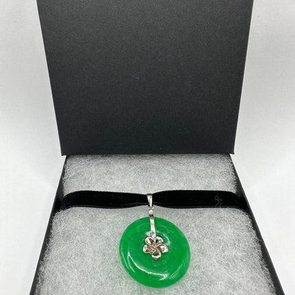 Vintage Green Jade Velvet Ribbon Choker 925 Sterling Silver Necklace