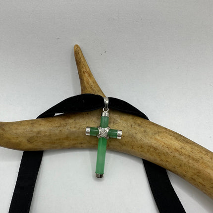 Vintage Silver Jade Pendant | Green Jade Cross Choker 925 Sterling Silver Necklace