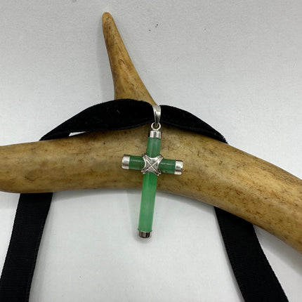 Vintage Silver Jade Pendant | Green Jade Cross Choker 925 Sterling Silver Necklace