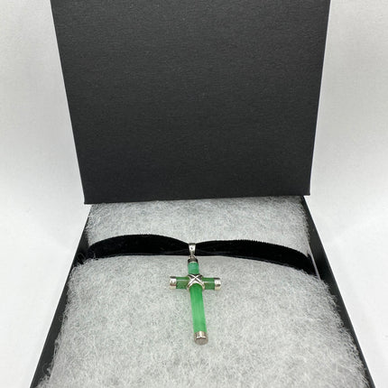 Vintage Silver Jade Pendant | Green Jade Cross Choker 925 Sterling Silver Necklace
