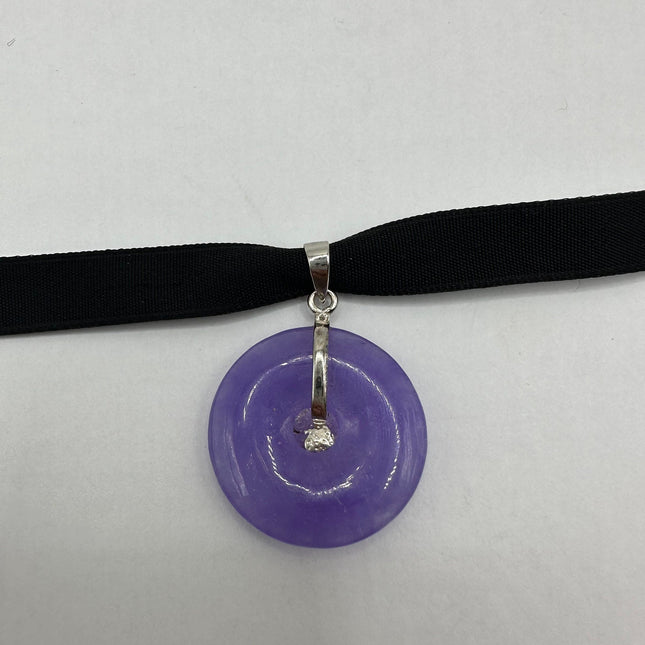 Vintage Silver Choker Necklace | Lavender Purple Jade Pendant | 925 Sterling Silver Lucky Charm Ribbon Choker Necklace