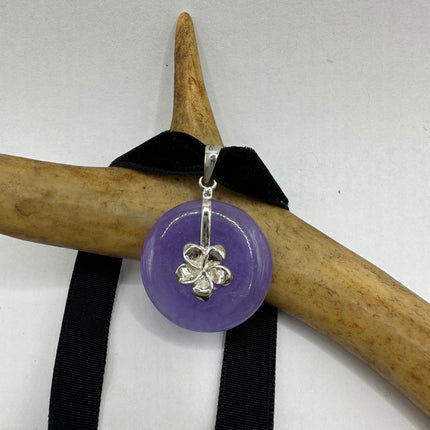 Vintage Silver Choker Necklace | Lavender Purple Jade Pendant | 925 Sterling Silver Lucky Charm Ribbon Choker Necklace