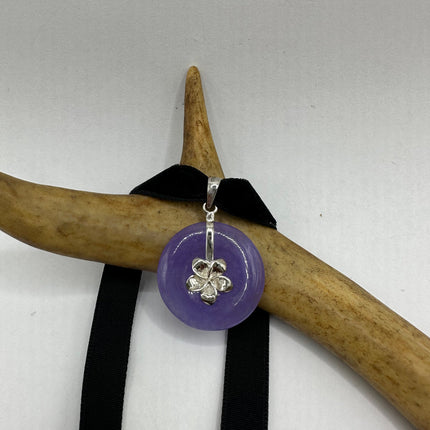 Vintage Silver Choker Necklace | Lavender Purple Jade Pendant | 925 Sterling Silver Lucky Charm Ribbon Choker Necklace