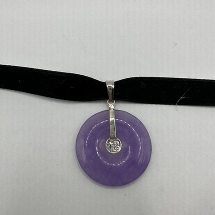 Vintage Silver Choker Necklace | Lavender Purple Jade Pendant | 925 Sterling Silver Lucky Charm Ribbon Choker Necklace