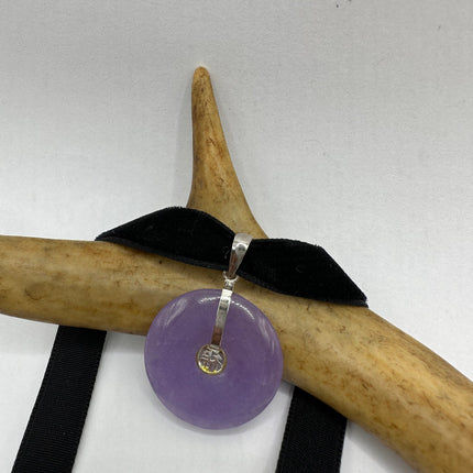 Vintage Silver Choker Necklace | Lavender Purple Jade Pendant | 925 Sterling Silver Lucky Charm Ribbon Choker Necklace
