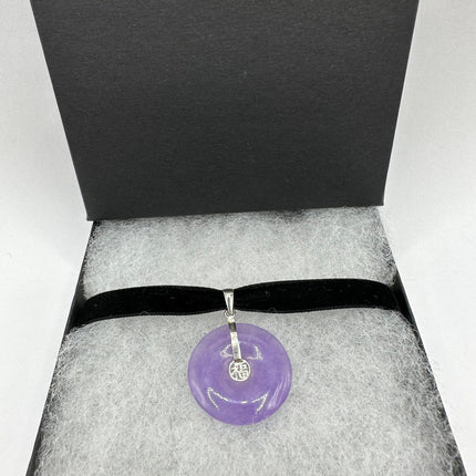 Vintage Silver Choker Necklace | Lavender Purple Jade Pendant | 925 Sterling Silver Lucky Charm Ribbon Choker Necklace