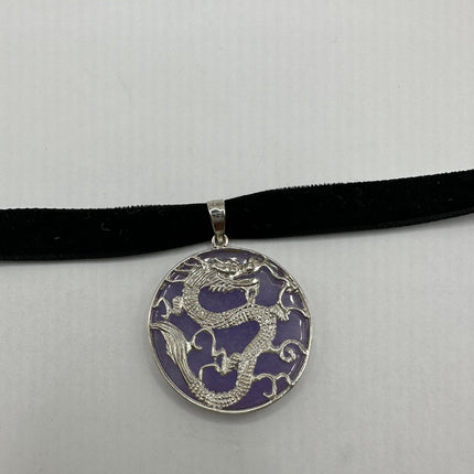 Vintage Pendant Choker Necklace | Lavender Purple Jade Gemstone Crystal | 925 Sterling Silver Lucky Dragon Charm Statement Choker