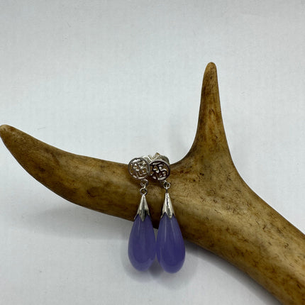 Vintage Silver Earrings | Lavender Purple Jade Gemstone 925 Sterling Silver Dangle Drop Earrings